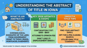 An educational infographic about Iowa's Abstract of Title system, detailing its definition as a property biography, 2026 continuation costs ($300-$600), and tips like finding your abstract early to avoid $1,000+ replacement fees.