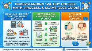 An educational infographic for Des Moines homeowners explaining the 70 percent rule for cash home offers, the 4-step buying process, and how to identify legitimate buyers versus scams using 2026 market data.