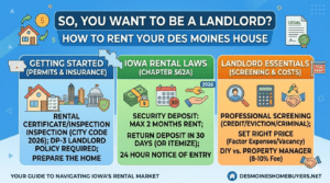 An infographic for Des Moines homeowners titled "So, You Want to Be a Landlord?" featuring three sections: Getting Started (Permits & Insurance), Iowa Rental Laws (Chapter 562A), and Landlord Essentials (Screening & Costs) with 2026 city code details.