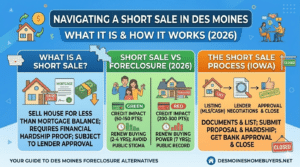 An educational infographic explaining the short sale process in Iowa, comparing its credit impact (50-150 points) to foreclosure (200-300 points), and outlining the steps for lender approval and hardship proof.