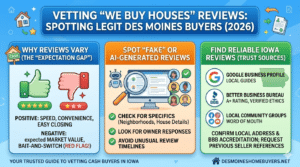 An infographic for Iowa homeowners on how to vet cash home buyer reviews. It covers the "Expectation Gap," how to identify AI-generated or fake reviews using specifics and response patterns, and lists reliable trust sources like the BBB and Google Business Profile.